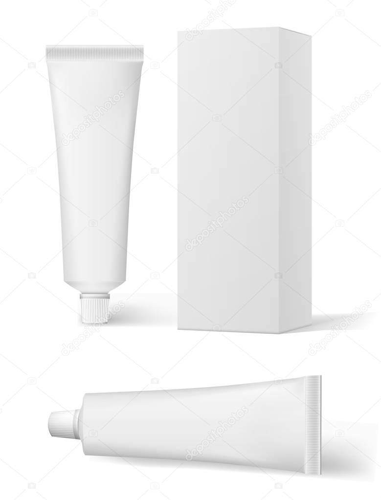 Realistic white cosmetic cream and packaging. Tube For ointments, cream, tooth paste, glue. Vector tube tooth paste ointment mock up.