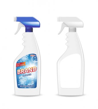 Sprey tabanca temiz plastik şişe ile deterjan banyo için. Banyo temiz reklam. Sprey şişe mockup. Gerçekçi 3d çizim.