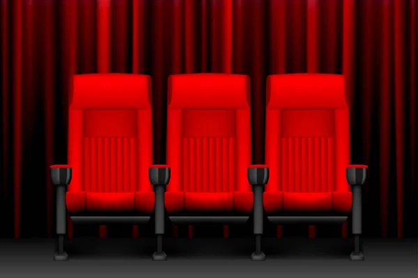 Cine mostrar diseño con asientos rojos vacíos. Cartel para concierto, fiesta, teatro. Sillas realistas para cine. ilustración vectorial — Vector de stock