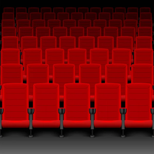Sale cinematografiche realistiche sedili rossi. Cinema con file di posti vuoti o sedie. Illustrazione vettoriale — Vettoriale Stock