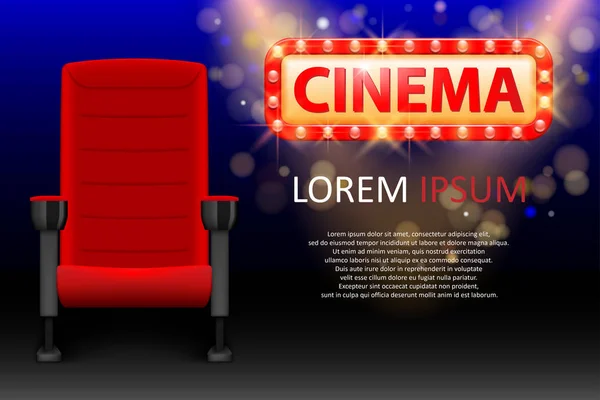 Sinema için afiş tasarımı. Gerçekçi kırmızı konforlu sinema koltukları. Film Tiyatro afişi satır ve ışıklar. Vektör çizim. — Stok Vektör