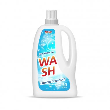 Ürün ambalaj tasarımı. leke sökücü şişe reklam su yıkama ve kabarcıklar mavi arka plan ile. 3D şişe illüstrasyon mockup