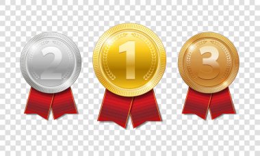Şampiyon ödül madalya spor Ödülü. Altın, gümüş ve bronz ödül kırmızı şeritler üzerinde şeffaf arka plan izole madalyalar. Vektör çizim