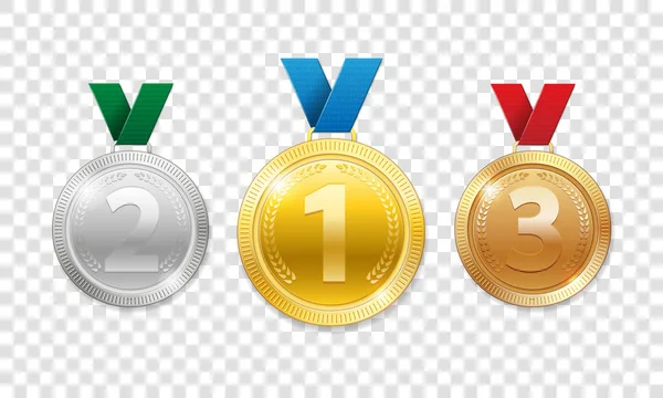 Premio Campeón Medallas al ganador del deporte. Conjunto de realistas medallas de trofeo de oro, plata y bronce 3d con cintas. Ilustración vectorial aislada — Archivo Imágenes Vectoriales