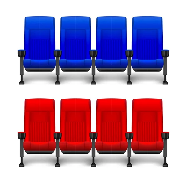 Set realistischer bequemer Kinosessel für das Kino. Kino leere rote und blaue Sitze. Vektorillustration — Stockvektor