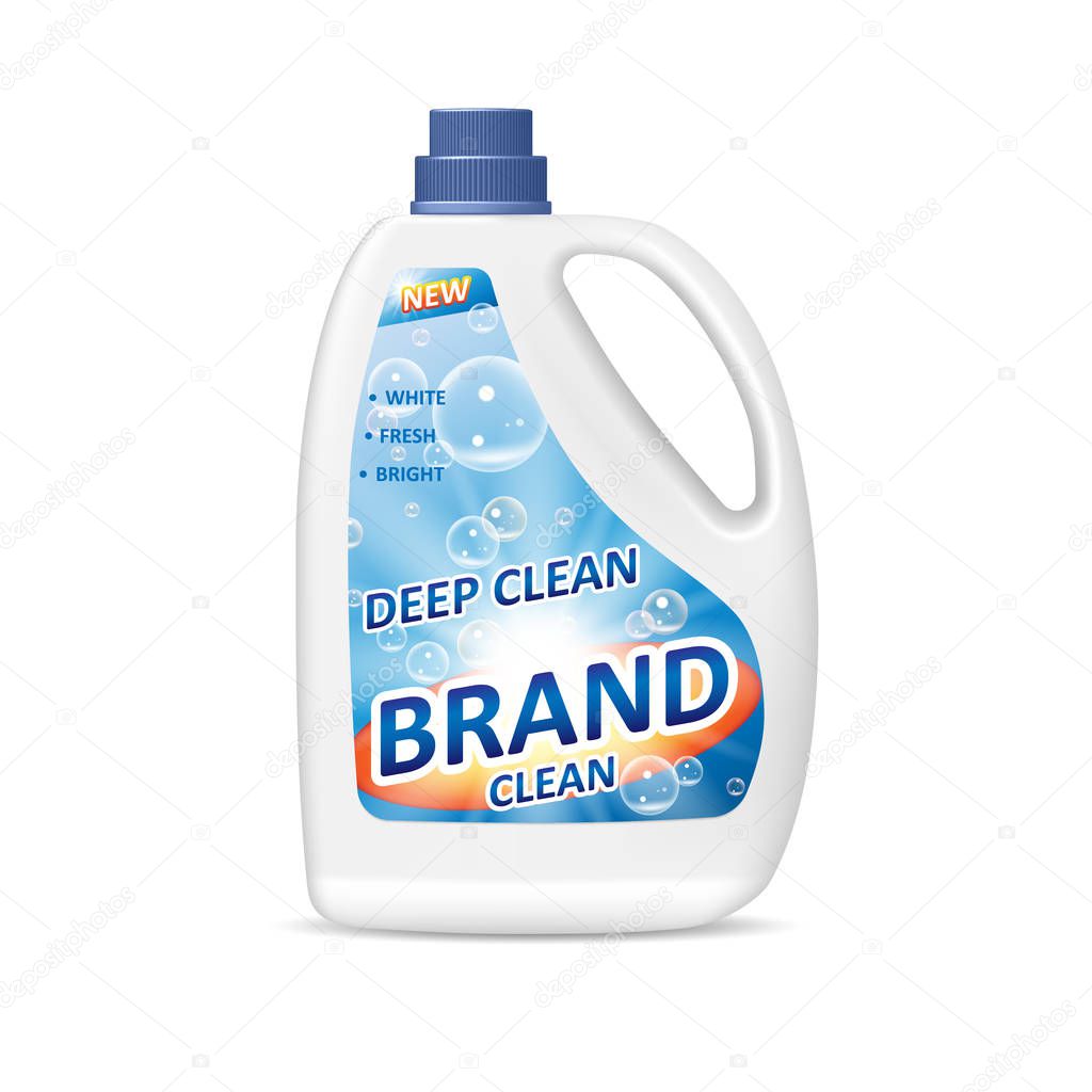 Product package design for bathroom. Colored detergent bottle container with washing gel or laundry detergent. 3d realistic vector illustration