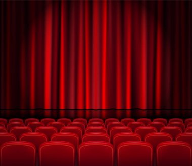Bir tiyatro ya da töreni koltuklarda kapalı kırmızı perdeler. Gerçekçi Tiyatro binası, Opera ya da sinema sahne tasarımınız için. Film galası gönderen. Vektör çizim.