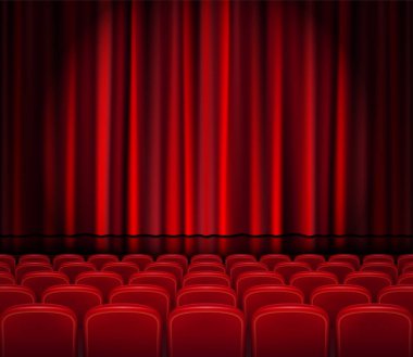 Closed Red Curtains with Seats in a theater or ceremony. Realistic Theater hall, Opera or Cinema Scene for your design. Movie premiere poster. Vector Illustration. clipart