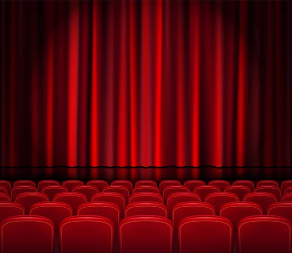 Cortinas rojas cerradas con asientos en un teatro o ceremonia. Sala de teatro realista, ópera o escena de cine para su diseño. Cartel de estreno de película. Ilustración vectorial . — Vector de stock