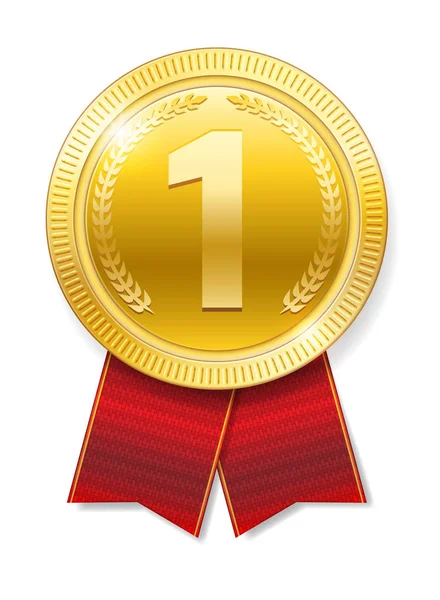 Ρεαλιστική χρυσό μετάλλιο με κόκκινες κορδέλες για νικητή απομονωμένη. Honor βραβείο. Εικονογράφηση διάνυσμα — Διανυσματικό Αρχείο