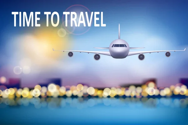 Illustrazione di viaggio estivo con aeroplano su sfondo blu soleggiato con bokeh morbido e nuvole. Opuscolo sul tema del turismo. Agenzia di viaggi annuncio aereo poster design. Illustrazione vettoriale — Vettoriale Stock