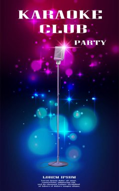 Neon parlayan el ilanı retro mikrofon ve yumuşak bokeh. Işıklarla efekt gece kulübü ya da karaoke partisi için banner. Vektör çizim