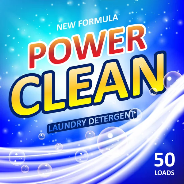 Power Clean Seifenbanner Werbedesign. Verpackungsdesign für Waschmittel oder Waschmittel. Vektorillustration — Stockvektor