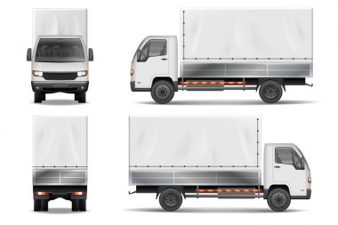 Yarı kamyon üzerinde beyaz izole. Ticari gerçekçi kargo kamyon mockup. Teslimat kamyonu vektör şablondan yan, geri, açık görünüm.