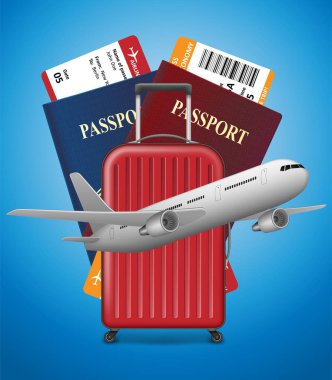 İş gezisi afiş pasaport, Bilet, uçak ve bavula mavi arka plan ile. Uluslararası Hava seyahat kavramı. İş seyahat etmek vektör çizim.
