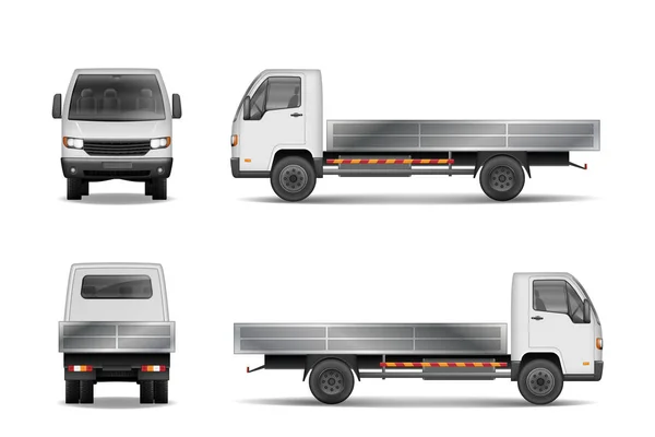Camión de carga de entrega realista blanco aislado en blanco. Ciudad de camiones comerciales maqueta de vista lateral, delantera y trasera. Ilustración vectorial . — Vector de stock