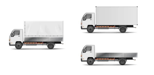 一套切合实际的白色货车。矢量插图与重型卡车, 拖车, 货车, 送货面包车隔离。侧面视图样机. — 图库矢量图片