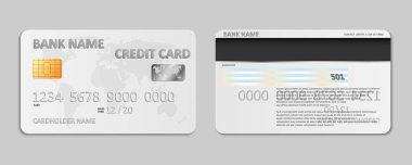 Gerçekçi beyaz banka kredi kartı şablonu izole. Plastik kredi kartı mockup chip ve dünya harita için bankacılık banka. Vektör çizim