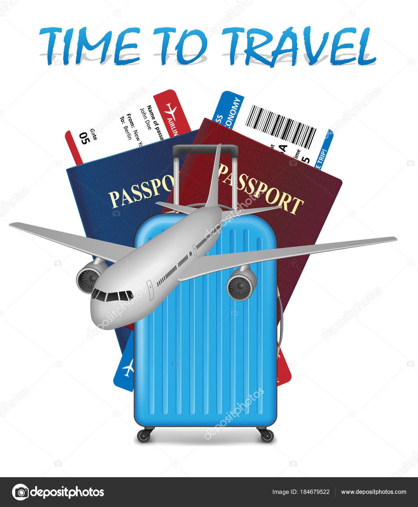 Air Travel International Vacation Concept Business Banner With Airline Tickets Realistic Airplane And Suitcase Isolated On White Background Air Travel International Vacation Concept Business Banner With Airline Tickets Realistic Airplane And Suitcase Isolated On White Background