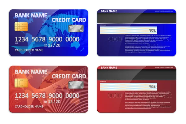 Реалистичный синий и красный шаблон кредитной карты банка изолированы. Банковский пластиковый макет кредитной карты с красочным абстрактным дизайном и картой мира для банковского дела. Векторная иллюстрация — стоковый вектор