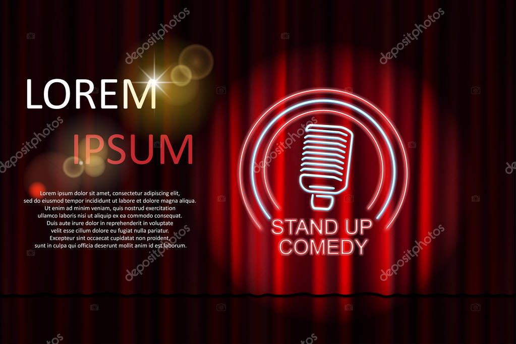Stand up comedy with neon microphone sign and red curtain backdrop. Comedy night stand up show or karaoke party. Vector illustration EPS 10