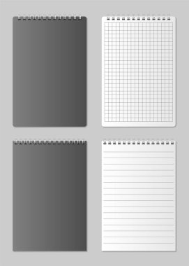Gerçekçi boş açık ve kapalı defter Organizatör. Gerçekçi sarmal not defteri mockup tasarım için. İzole not defteri kümesi. vektör çizim