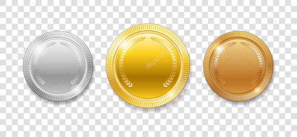 Champion Award Medals for sport winner prize. Set of realistic 3d empty gold, silver and bronze medals isolated. Vector illustration isolated