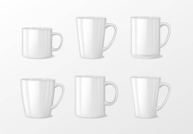 Gerçekçi boş beyaz kahve kupa bardak kulplu. Kupası porselen çay vektör şablon mockup izole için. Kahvaltı, vektör çizim için gerçekçi çay fincanı