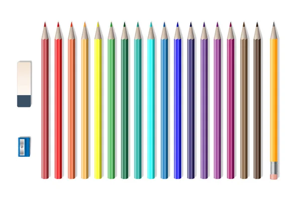 Lot de crayons réalistes de couleur avec taille-crayons et gomme isolés sur blanc. Outils scolaires, Crayons de couleur illustration vectorielle — Image vectorielle