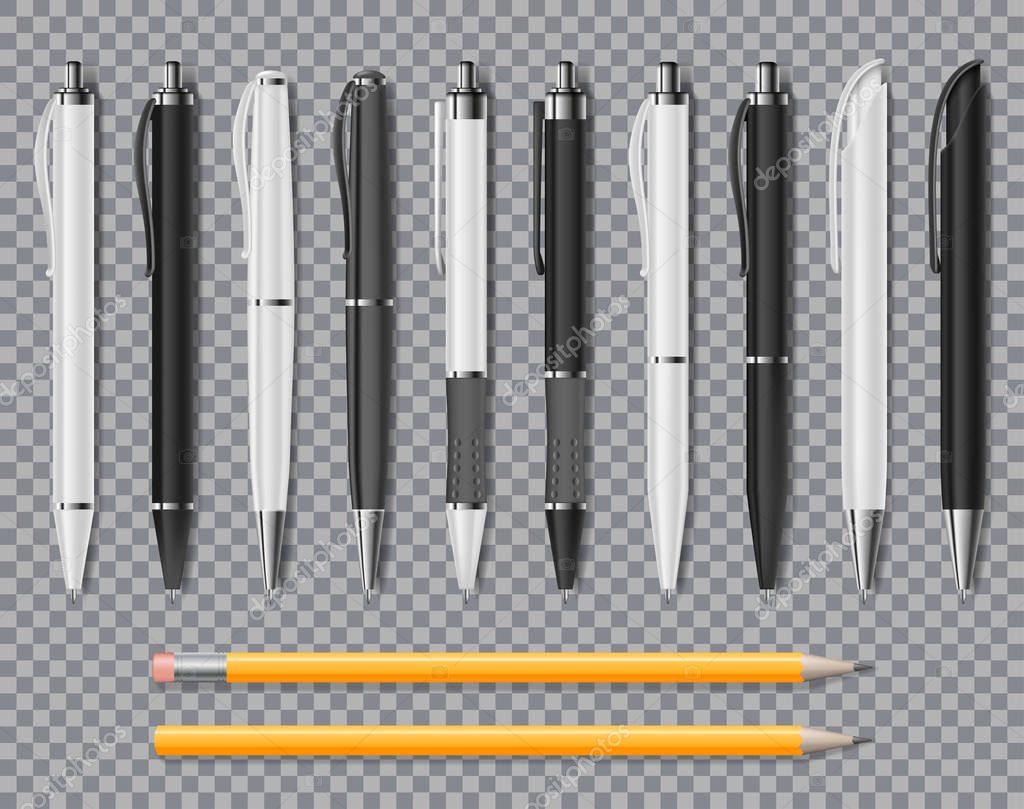 Set of Realistic office Elegant pens and pencil isolated on transparent background. Office Blank white and black Ball Pens. Vector illustration EPS 10