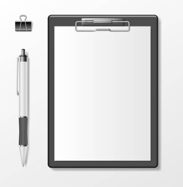 Siyah Pano boş beyaz kağıt levha ve üzerinde beyaz izole kalem ile. İş ileti örneği şablonu. Gerçekçi Pano belge not defteri mockup. Vektör çizim