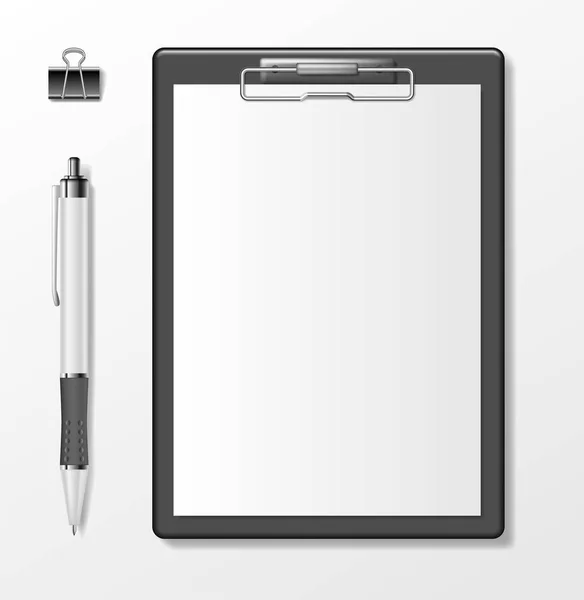 Black clipboard with blank white paper sheet and pen isolated on white. Business stationery template. Realistic clipboard document notepad mockup. Vector illustration — Stock Vector