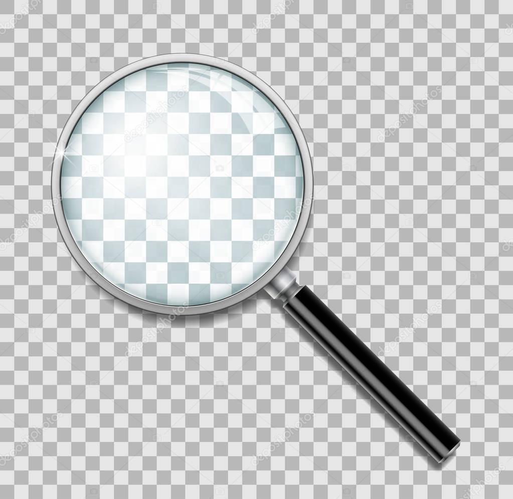 Magnifying glass with steel frame isolated. Realistic Magnifying glass lens for zoom on transparent background. 3d magnifier loupe vector illustration