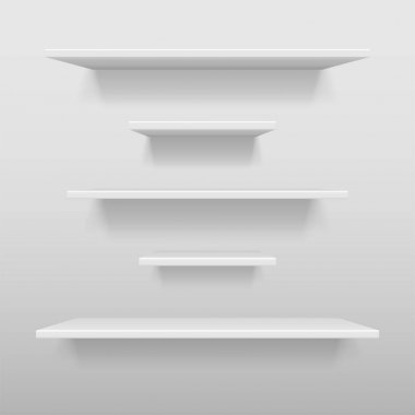 Boş beyaz dükkanı veya sergi raf, perakende beyaz mockup temizleyelim. Gerçekçi vektör bookshelf ile duvar, 3d Bookshelf mağaza veya mağaza gölge illüstrasyon vektör