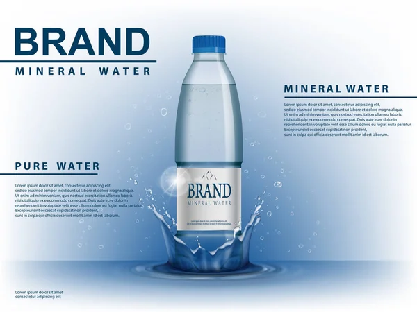 Zuiver mineraalwater advertentie, plastic fles met water drop elementen op blauwe achtergrond. Transparante Drinking waterfles met uw merk voor advertenties of tijdschrift ontwerp. 3D-vectorillustratie. — Stockvector