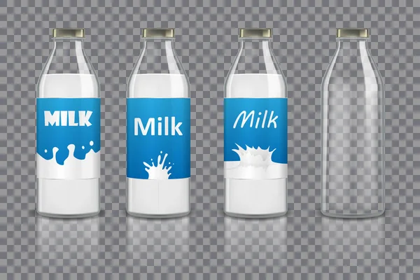 Set de botellas de vidrio realistas con leche y sin ella. Botella de leche con diferentes etiquetas aisladas. Productos lácteos Envases de diseño de productos saludables para la marca. ilustración vectorial — Vector de stock