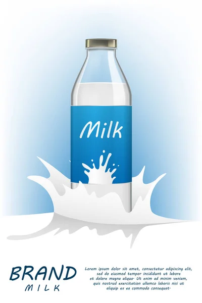 Milchflasche realistische Verpackung Attrappe mit Flüssigkeit Splash Hintergrund. gesunde Getränkeflasche mit Milchgetränk für Werbung oder Zeitschriftendesign. 3D-Vektor-Illustration. — Stockvektor