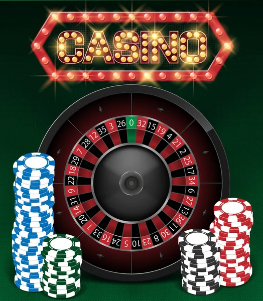 Gerçekçi rulet tekerleği ve Casino Chips Casino kumar arka plan tasarım. Rulet masasının üzerinde yeşil arka plan izole. Vektör çizim. — Stok Vektör