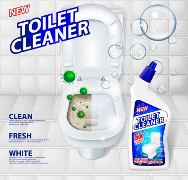 Tuvalet temizleyici afiş reklamlar, süpürge önce ve sonra etkisini. Yeşil virüs klozet parlayan kaçan. Şişe mockup jel deterjan tuvalet. 3D vektör çizim