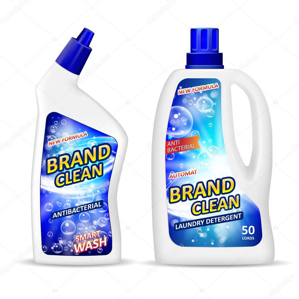 Realistic plastic bottle mockup with label, antibacterial gel laundry detergent for cleaning bathroom, liquid soap toilet cleaner. White package design for your brand. Vector illustration