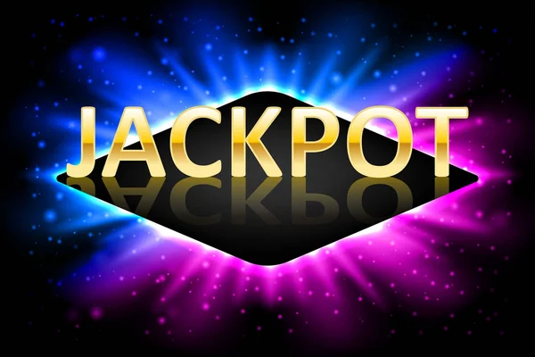 Jackpot fényes arany kaszinó lotto címke neon kerettel. Kaszinó jackpot győztes design gamble csillogó szöveg. Vektoros illusztráció — Stock Vector