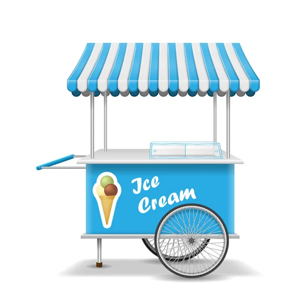 现实的街头食品车车轮。手机蓝色冰淇淋市场摊位模板。冰淇淋市场推车样机。矢量插图 — 图库矢量图片
