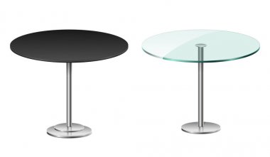 Boş modern siyah yuvarlak beyaz izole masa. Vektör cam masa restoran veya kafe için metal stand şablonu ile birlikte iç. vektör çizimi