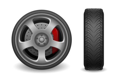 Fren teçhizatlı araba tekerleği beyaza izole edilmiş. Gerçekçi spor araba lastik vektör çizimi