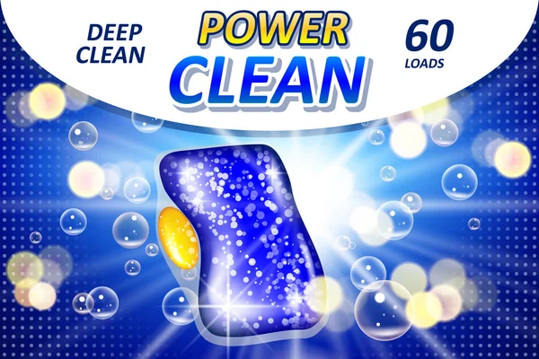 Mosogatótablettás szappanreklámok. Realisztikus folyékony mosószer gél mosogatógép reklám poszter. 3d vektor illusztráció — Stock Vector