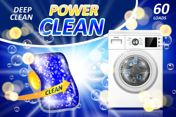 Waschmaschinenwaschmitteltabs ad. Fleckenentferner-Banner mit realistischer Waschmaschine mit sauberen Seifenblasen. Vektorillustration — Stockvektor