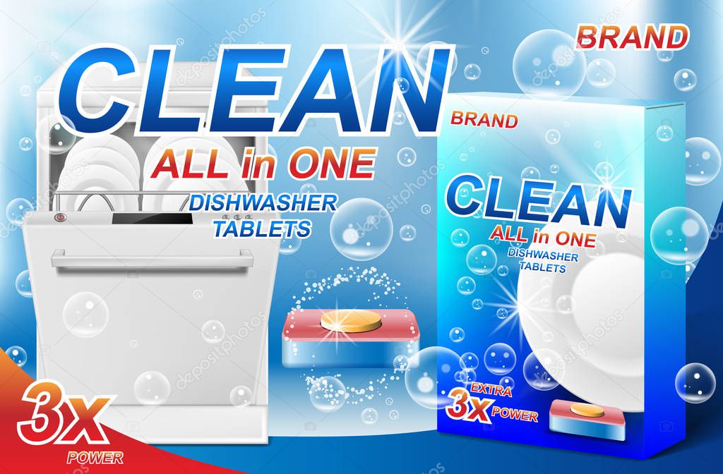 Dish wash soap ads. Realistic plastic dishwashing packaging with detergent design. Tablet for dishwasher machine. 3d vector illustration