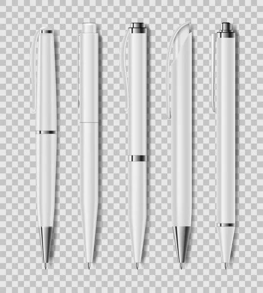 Ensemble de stylos blancs de bureau isolés sur fond transparent. Papeterie de bureau, stylo réaliste. Illustration vectorielle — Image vectorielle