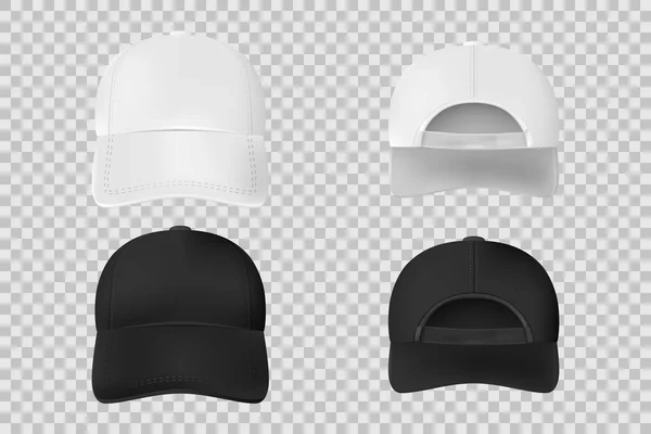 Een set honkbalpet zwart-wit mockup. Realistische cap template voor en achter vie geïsoleerd op transparante achtergrond. Vectorillustratie — Stockvector