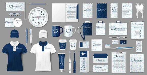 Maqueta de papelería para la Clínica Dental. Centro Odontológico de Estomatología Corporativa Diseño de plantilla de identidad de marca. Ilustración vectorial — Archivo Imágenes Vectoriales